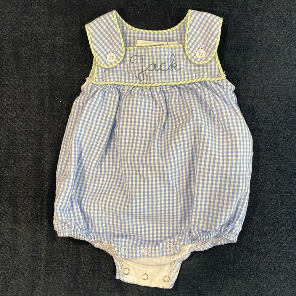 Blue and white plaid bubble with green piping and stitching